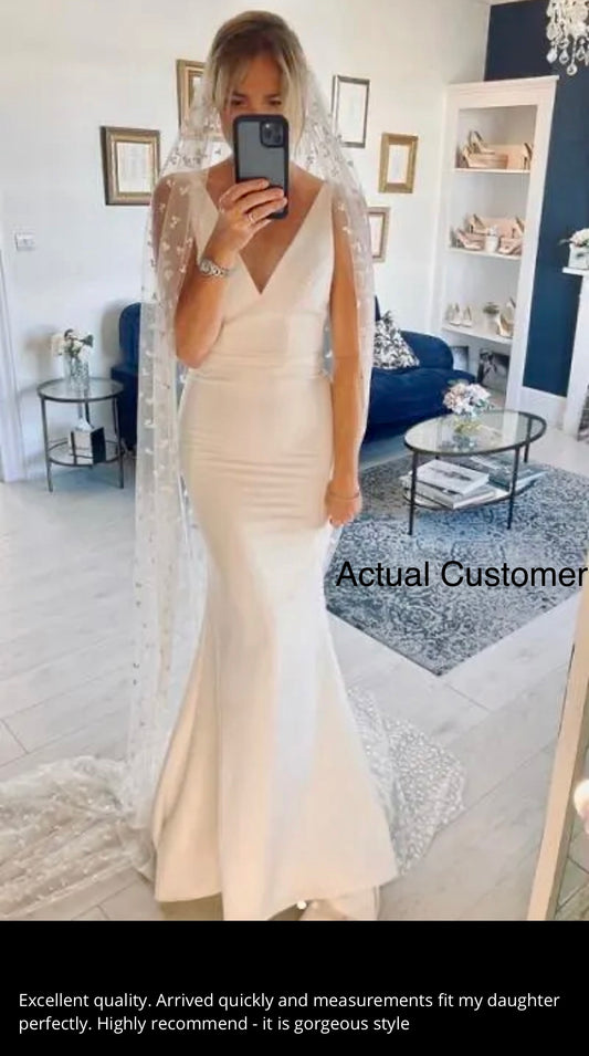 Custom Made: Deep V Neck Sleeveless Mermaid Wedding Dress With Detachable Train in White/Ivory (Sizes 2-16)