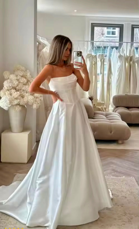 Custom Made: Absolutely Elegant Designer Sleeveless Strapless A-Line Princess Satin Wedding Gown With Side Slit And Train