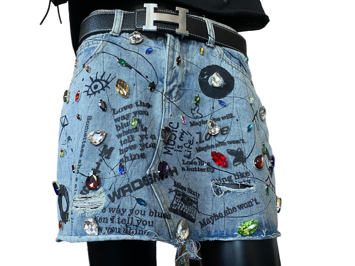 Wearable Art - Absolute Sparkle! Denim skirt with glass Austrian crystals (Size 4)