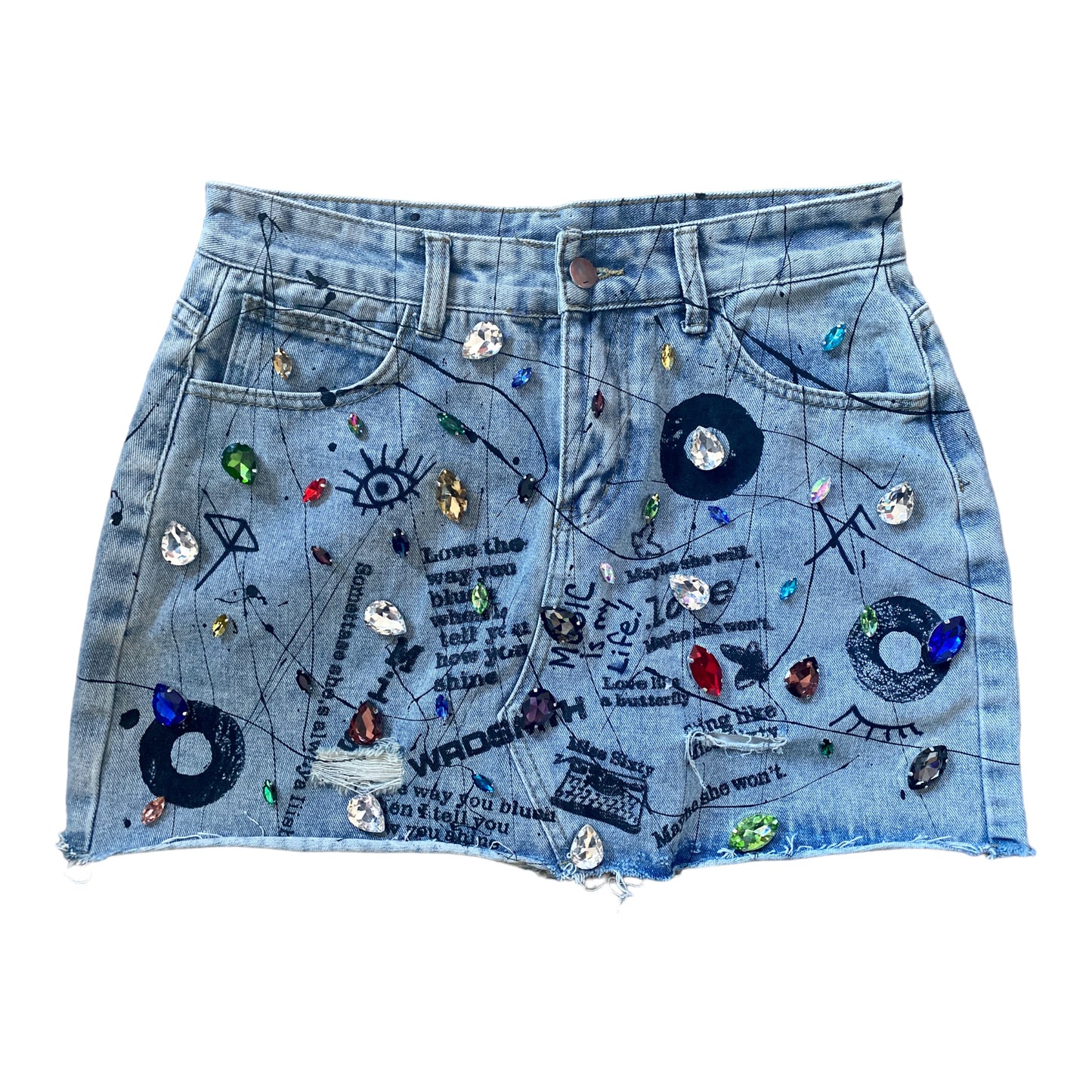 Wearable Art - Absolute Sparkle! Denim skirt with glass Austrian crystals (Size 4)