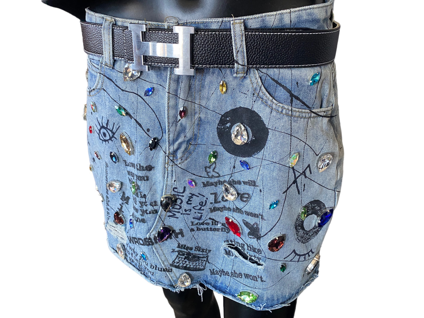 Wearable Art - Absolute Sparkle! Denim skirt with glass Austrian crystals (Size 4)