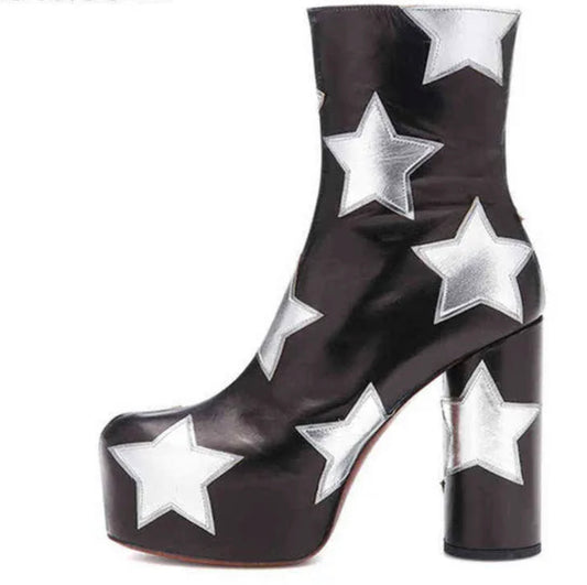 Luxury Stardust Platform Genuine Leather Zipper Boots With Silver Metallic Leather Stars. (Sizes 34-44)