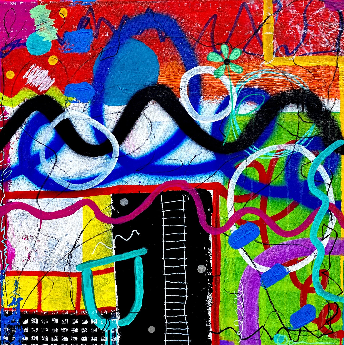 Sunday Afternoon (24x24) - Mixed media abstract graffiti style canvas painting