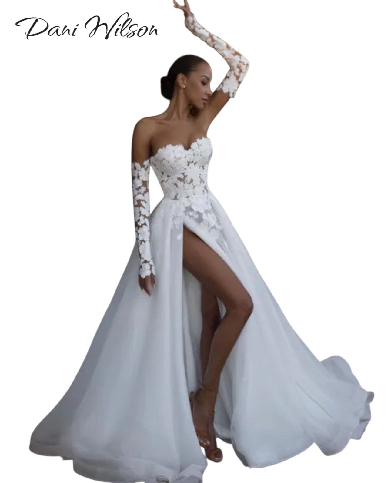 Custom Made: Absolutely Breathtaking Bohemian A-Line Designer Wedding Dress Bridal Gown With Sweetheart Sleeves And Slit