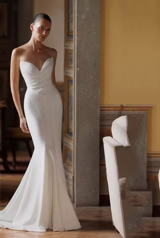 Custom Made: Designer Satin Sleeveless Sweetheart Mermaid Bridal Gown Wedding Dress With Sweeping Train.