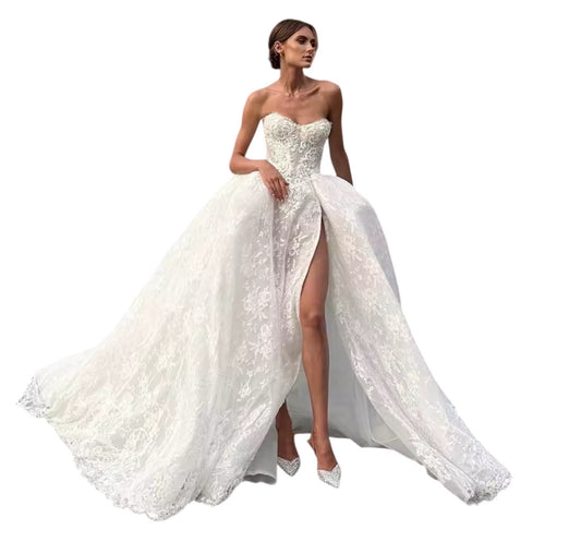Custom Made: Handmade Designer Sweetheart Strapless Sleeveless Backless Tulle And Lace Gorgeous Wedding Dress With High Split And Long Train.