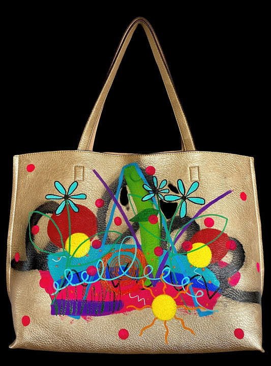 Large hand painted vegan leather tote bag by Dani Wilson (19x14)