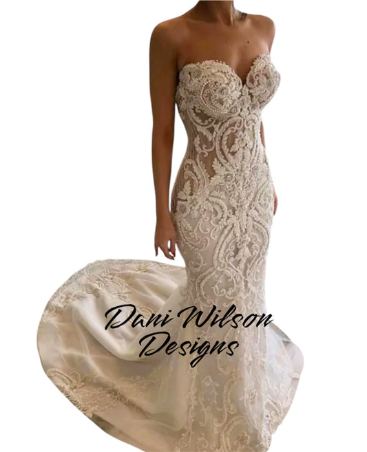 Custom Made: Vintage Inspired Designer Strapless Sleeveless Sweetheart Neckline Mermaid Wedding Dress Bridal Gown With Ornate Lace Detail and Train.