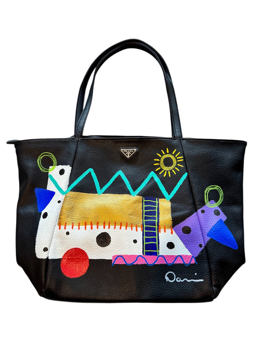 1-Featured - Black Pebbled Vegan Leather Repurposed Prada Tote Bag (22x11x7)