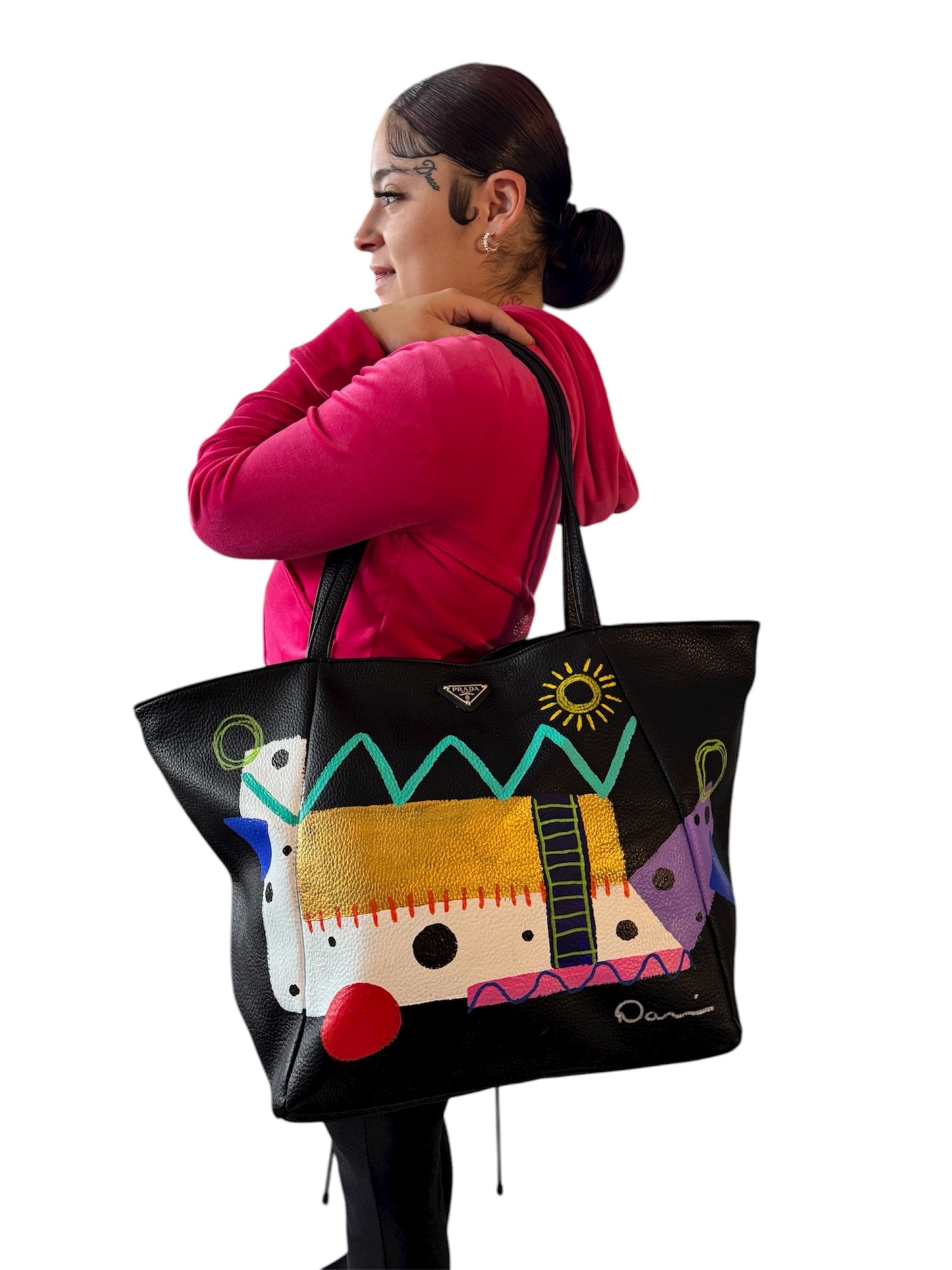 1-Featured - Black Pebbled Vegan Leather Repurposed Prada Tote Bag (22x11x7)