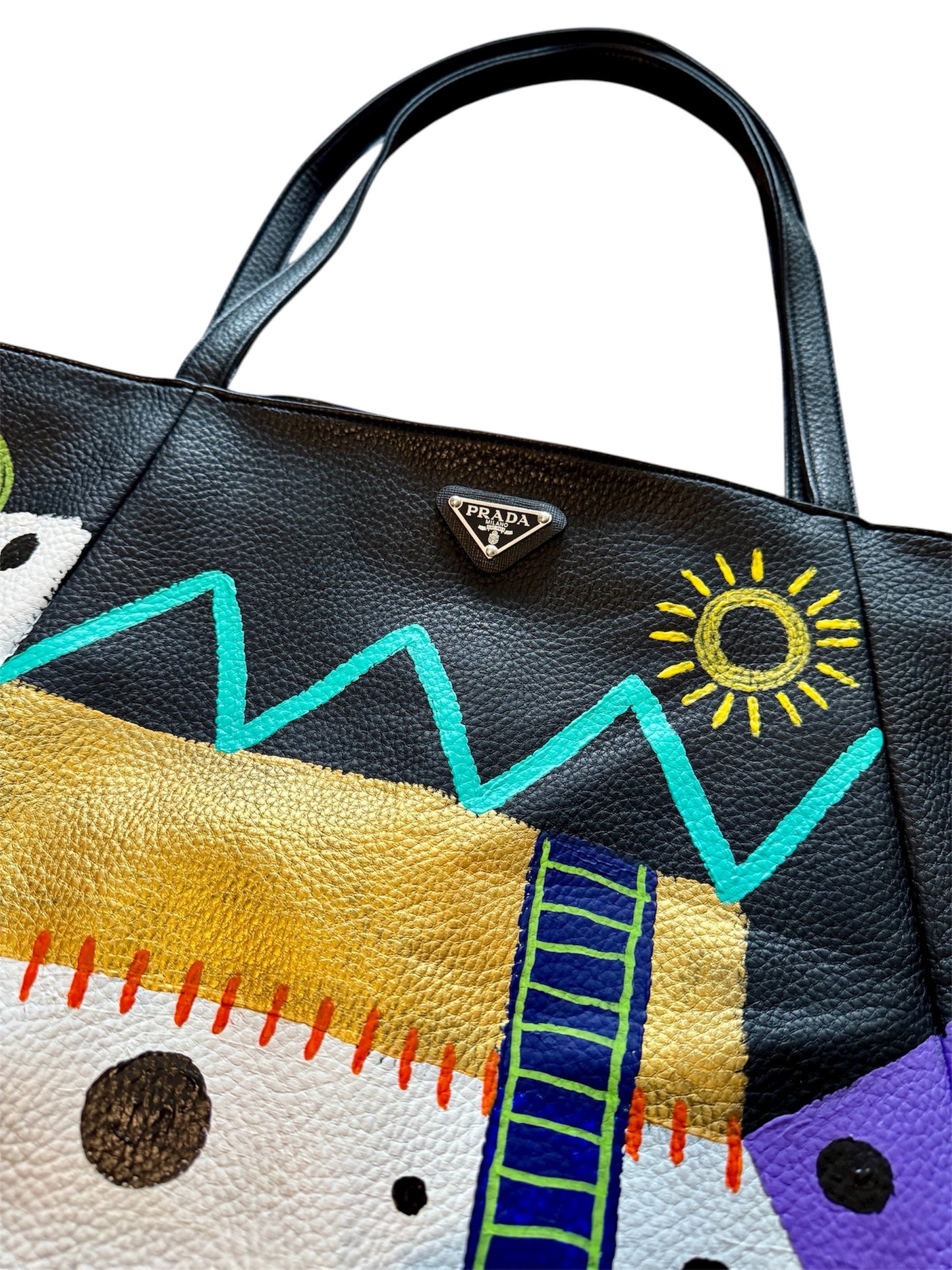 1-Featured - Black Pebbled Vegan Leather Repurposed Prada Tote Bag (22x11x7)