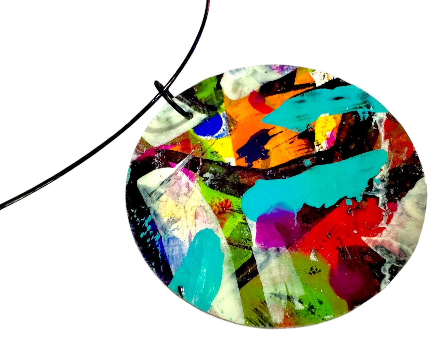 Vibrant Abstract Wearable Art Statement Necklace - 2" Pendant and 18" Chain